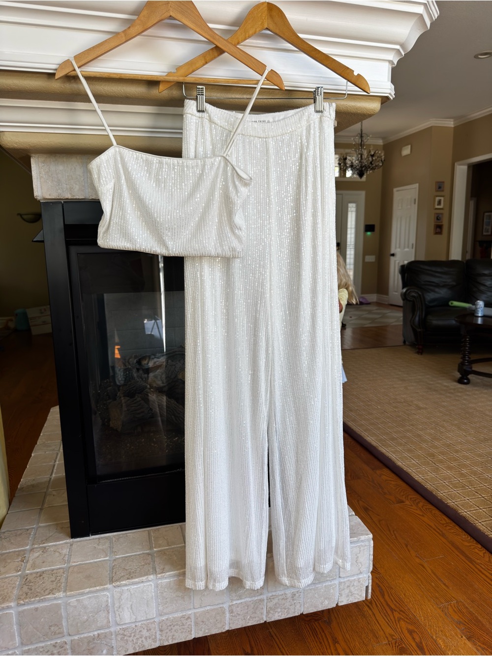 12th Tribe White Sequin Crop Top & Wide-Leg Pant Set Small Party Bridal